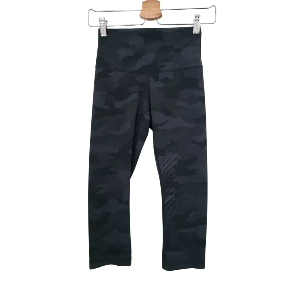 Lululemon Wunder Train High-Rise Crop Athletic Leggings Black Gray Camo Sz 4 - Picture 1 of 8
